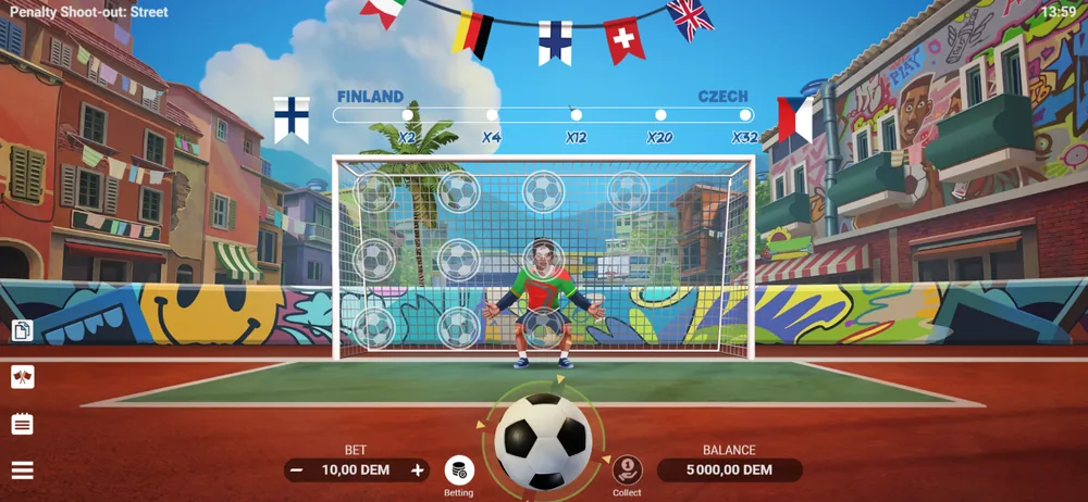 Le jeu du penalty sur téléphone en paysage : le terrain occupe tout l'écran, la barre de multiplicateurs en haut, la mise et le solde en bas